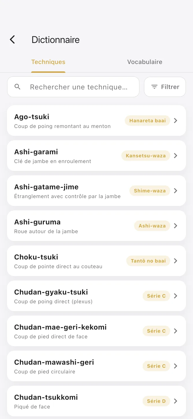 Dictionnaire des techniques de judo dans Objectif Dan