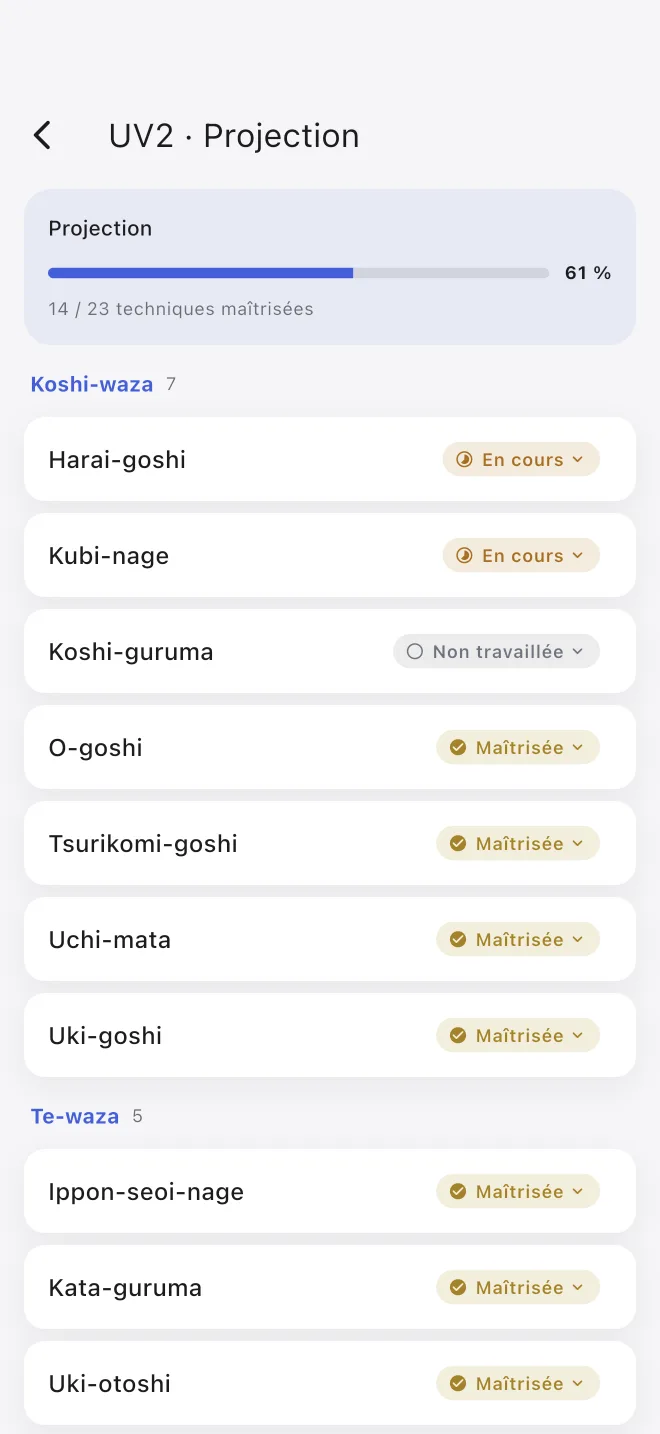 Liste des techniques de projection de l’UV2 dans l’application Objectif Dan